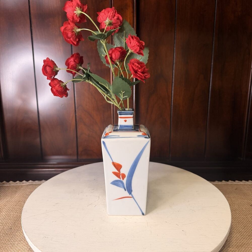 Vintage Japanese Hand Painted Red And Blue Floral Rectangular Flower Vase